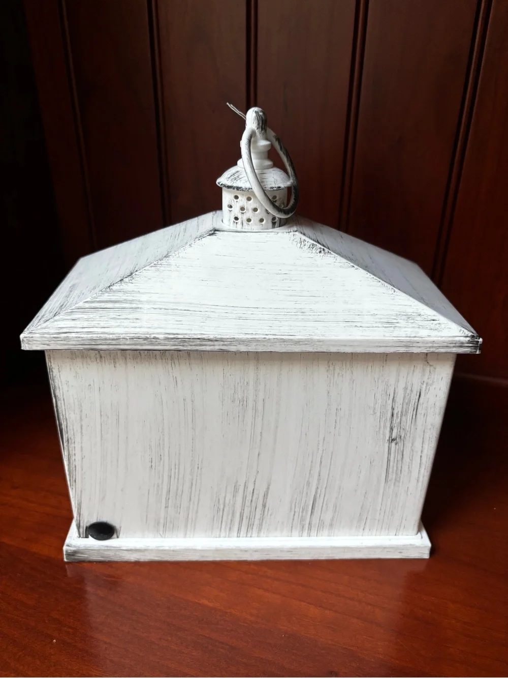 A Cheerful Giver Flameless White Fireplace Lantern distressed white finish .